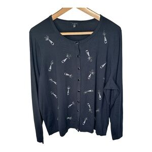 Talbots Cardigan Size 3X Embroidered Studded Champagne Bottles Black Silver